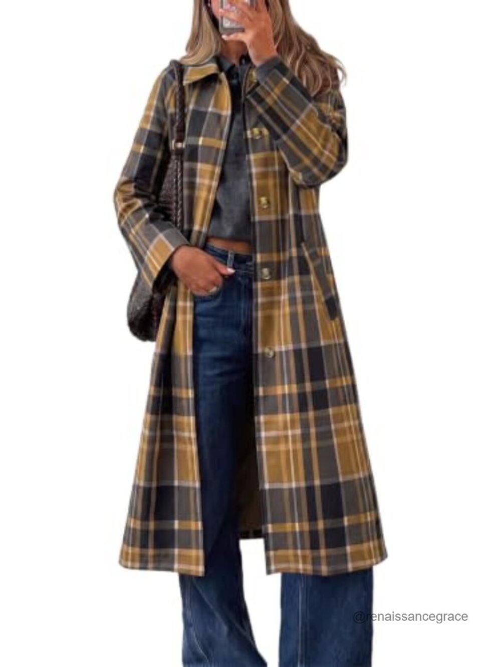 Women's Plaid Trench Coat Lapel Single Breasted Long Jacket Fall